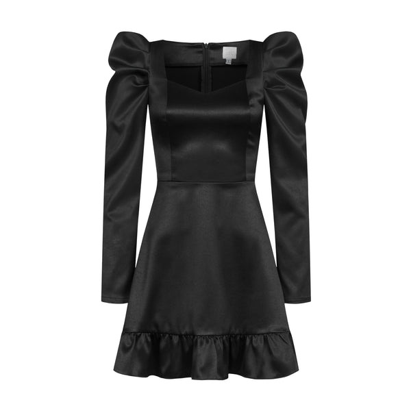 Dress Lola with long sleeves black satin