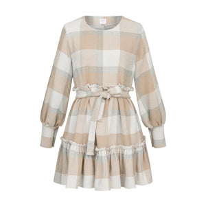 Dress mini warm check with long sleeves beige