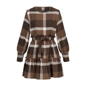 Dress checkered mini warm with long sleeves chocolate brown