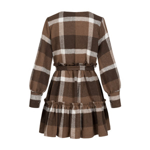 Dress checkered mini warm with long sleeves chocolate brown