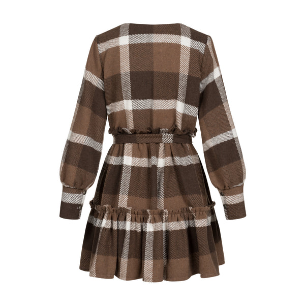 Dress checkered mini warm with long sleeves chocolate brown