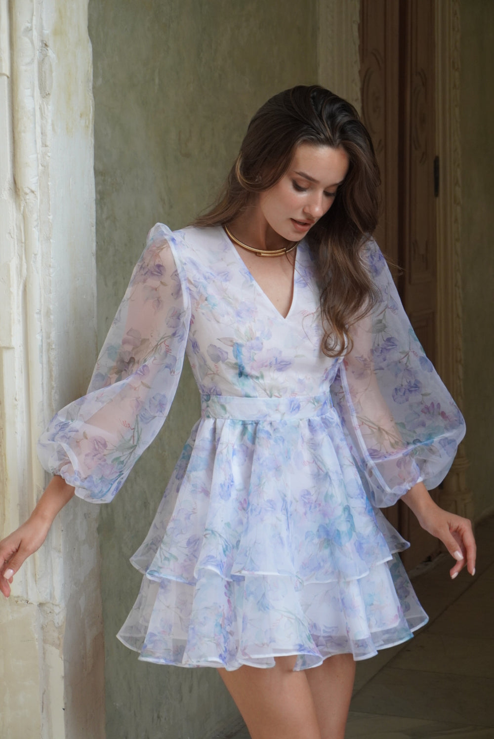 Dress Megan with organza print orchid