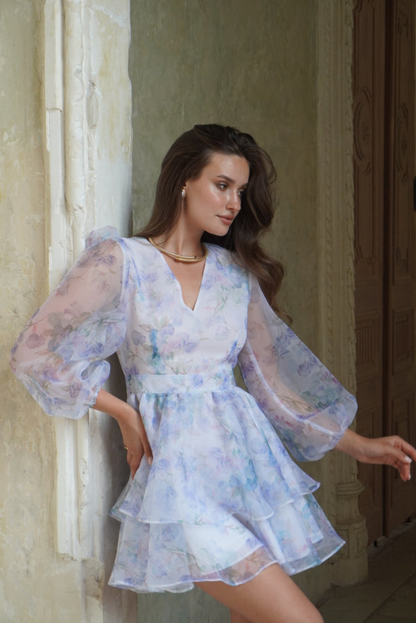 Dress Megan with organza print orchid