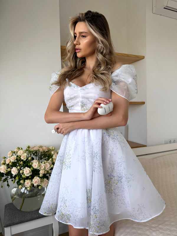 Dress Amelia with organza print mimosas