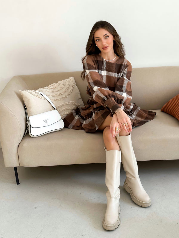 Dress checkered mini warm with long sleeves chocolate brown