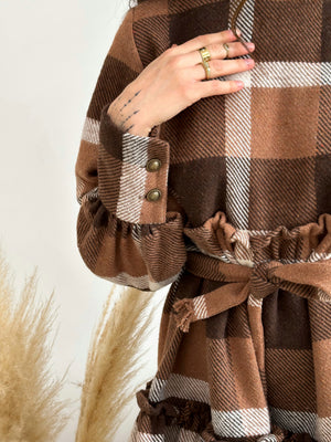 Dress checkered mini warm with long sleeves chocolate brown