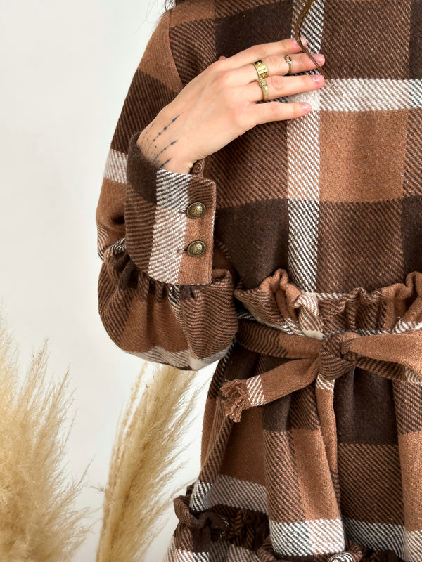 Dress checkered mini warm with long sleeves chocolate brown