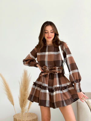 Dress checkered mini warm with long sleeves chocolate brown