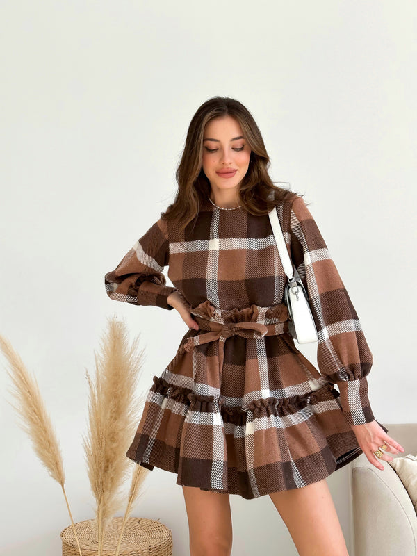 Dress checkered mini warm with long sleeves chocolate brown