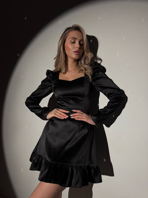 Dress Lola with long sleeves black satin