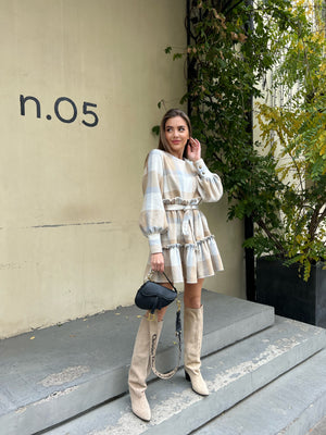 Dress mini warm check with long sleeves beige