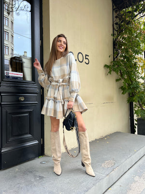Dress mini warm check with long sleeves beige