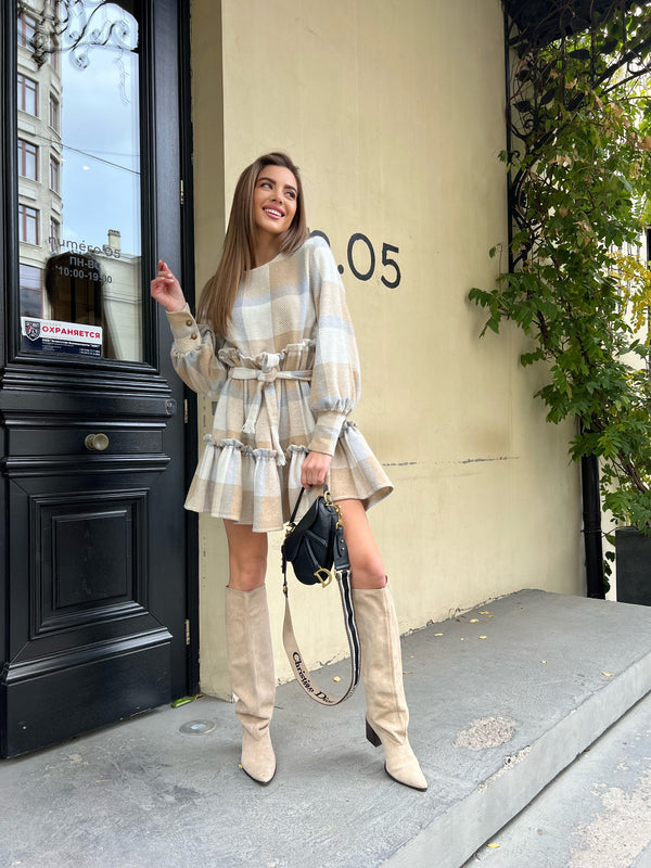 Dress mini warm check with long sleeves beige