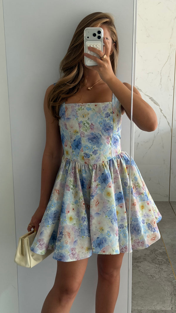 Dress Sabrina corset blue flowers