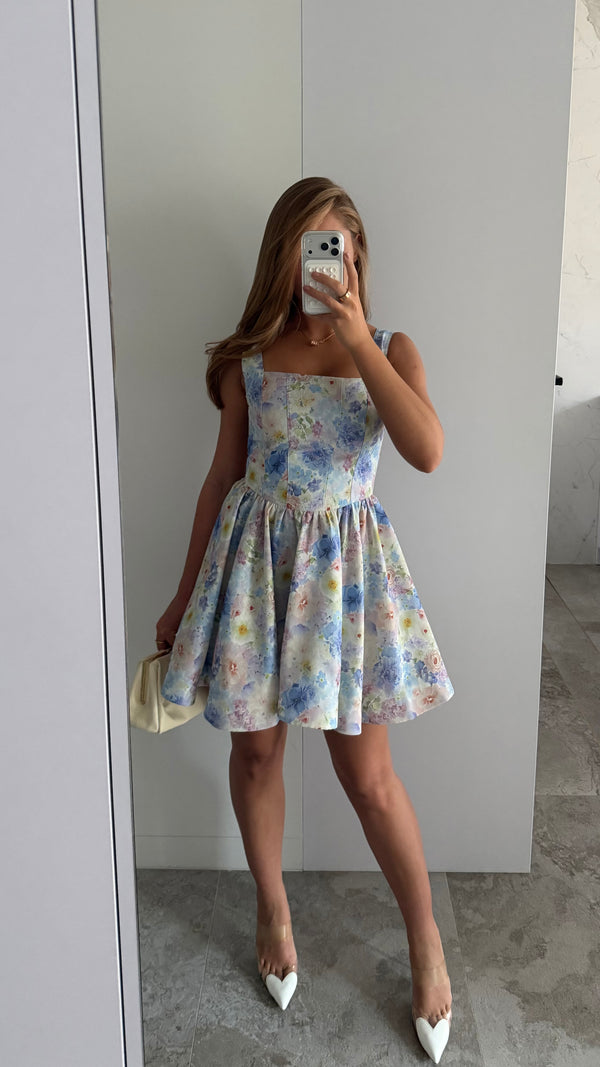 Dress Sabrina corset blue flowers