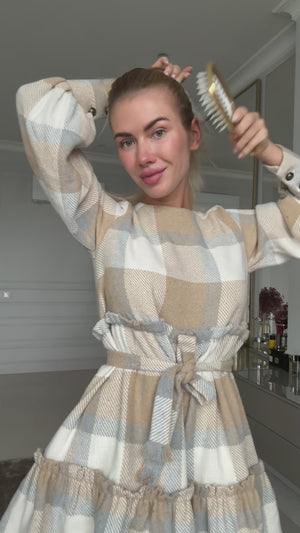 Dress mini warm check with long sleeves beige